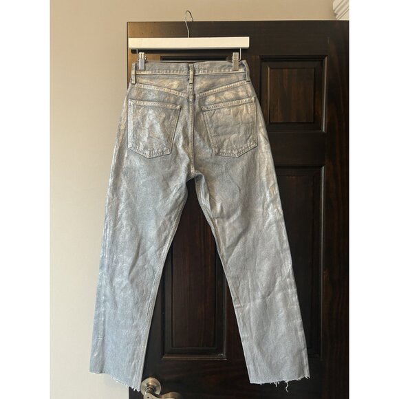 AGOLDE Waxed Metallic Coated Jeans – Raw Cut Hem Skinny Denim Night-Out Chic - Picture 3 of 11